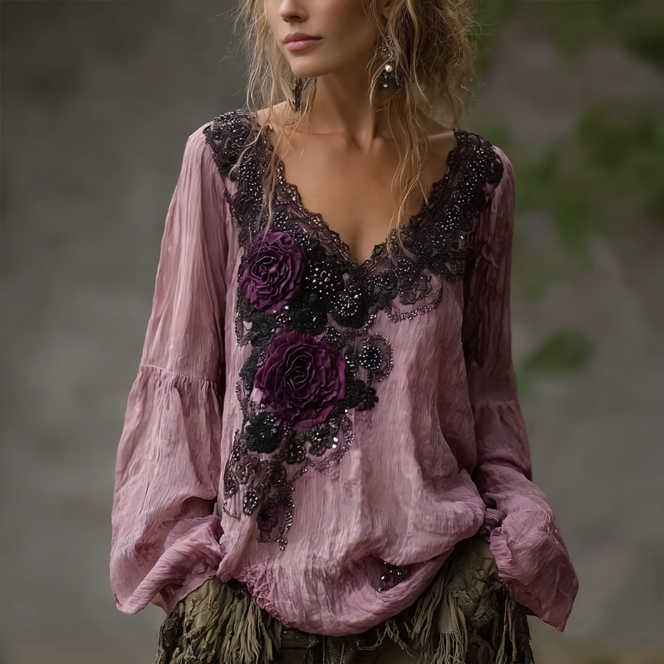 Vintage Purple Rose Design Summer V-neck Long-sleeved Linen Top
