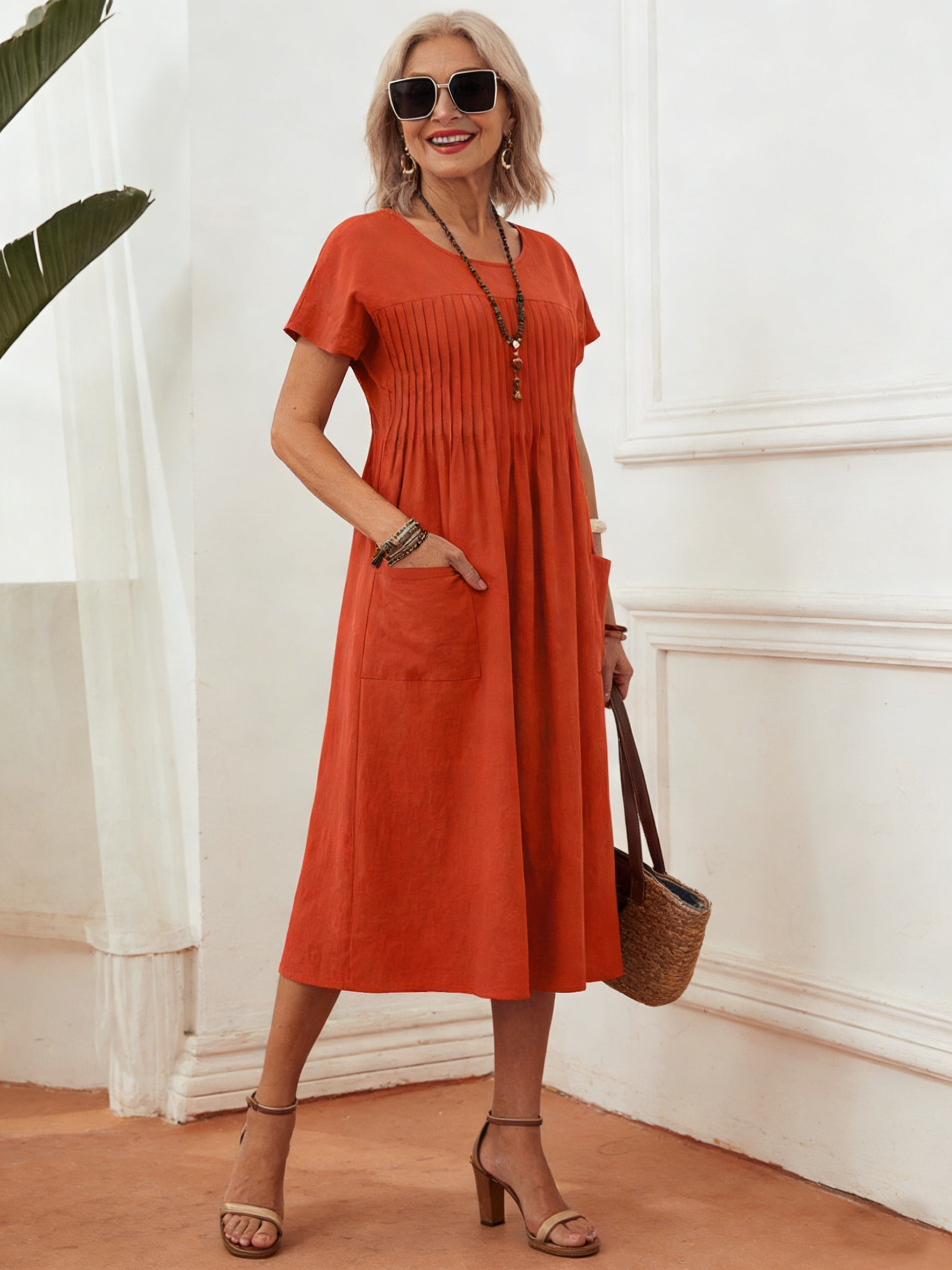 Solid Pocket Patched Pleated Detail Smock Dress Teacher Clothes