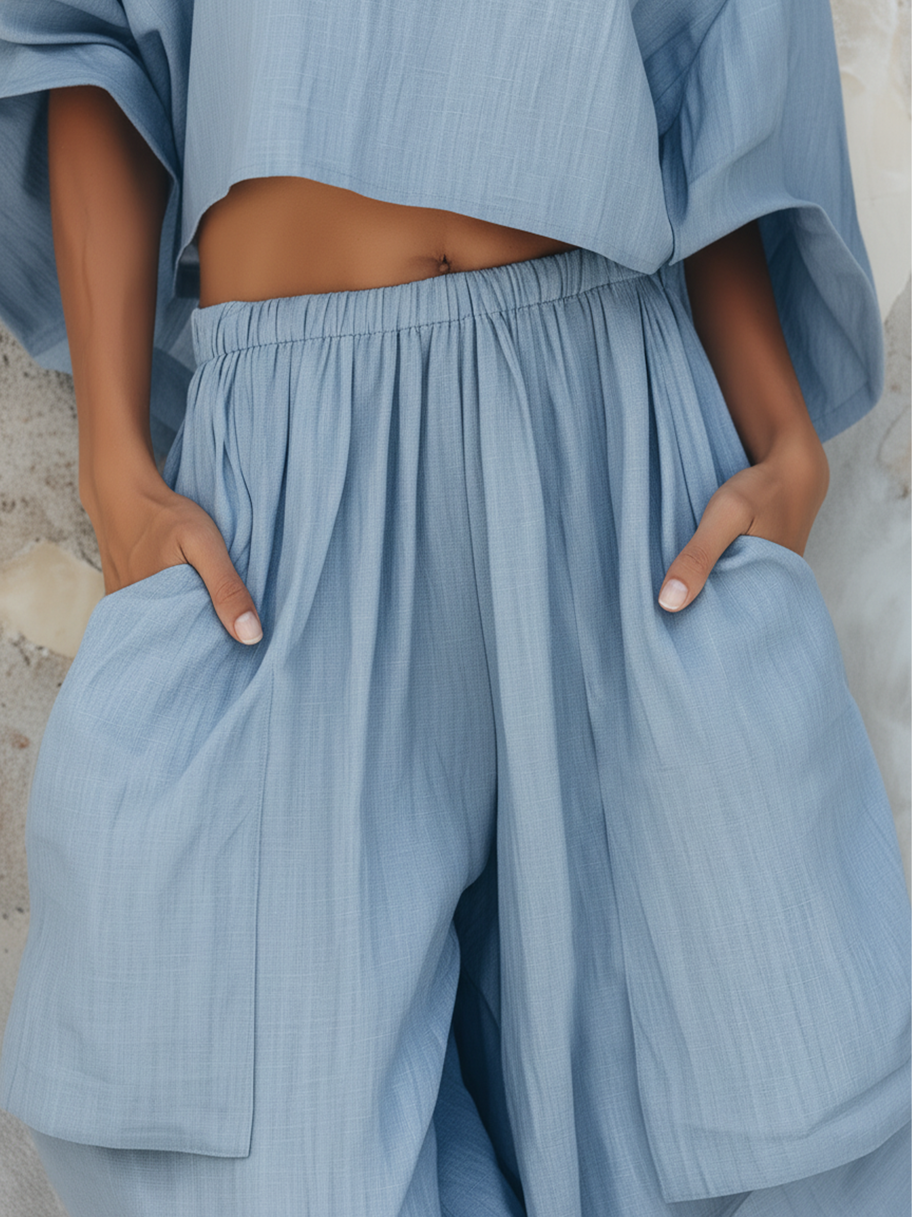 Light Blue Cotton Linen Two Piece Set - Loose Crop Top & Wide Leg Pants