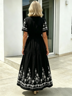 Simia Floral Short-sleeved Dress V-neck A-shaped Skirt