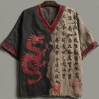 Men's Retro Japanese Calligraphy And Dragon Art Pattern Linen Blend Shirt