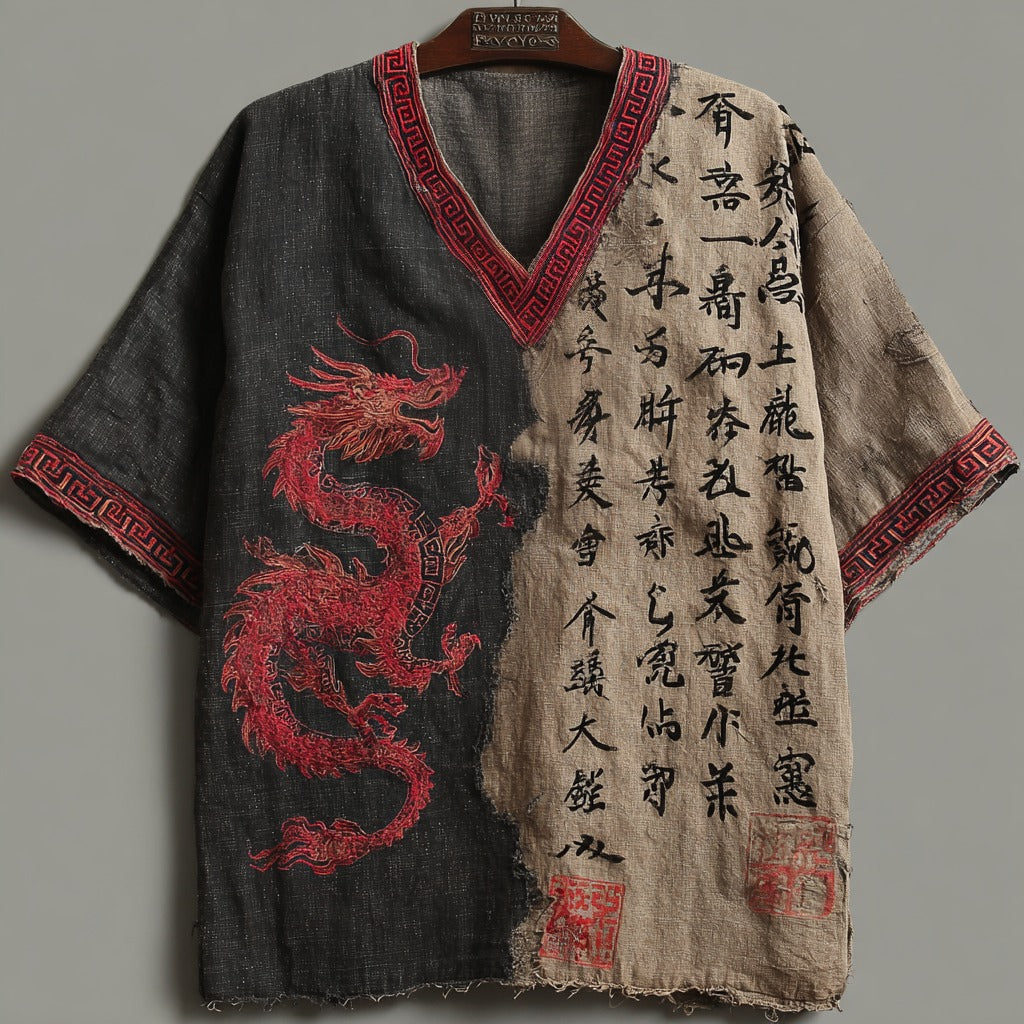 Men's Retro Japanese Calligraphy And Dragon Art Pattern Linen Blend Shirt