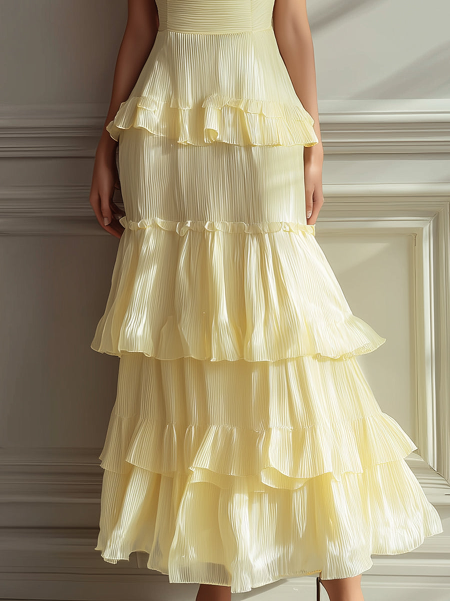 Lemon Yellow Ruffled Tiered Chiffon Cami Maxi Dress