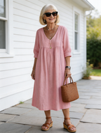 Casual Loose V-neck Splicing Lace Edge Linen Cotton Dress