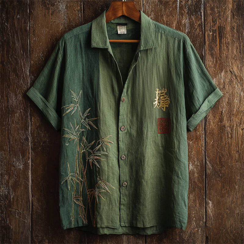 Japanese Bamboo Embroidered Colorblock Linen Shirt
