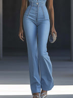 [24-hour shipping out]Simple and Fashionable V-neck Sleeveless Tight Light Blue Denim Jumpsuit