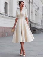 Short Sleeve Zip-Front Fit And Flare Midi Dress