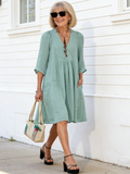 Women's Cotton and Linen Half Sleeve V-neck Loose Casual Pocket Dress