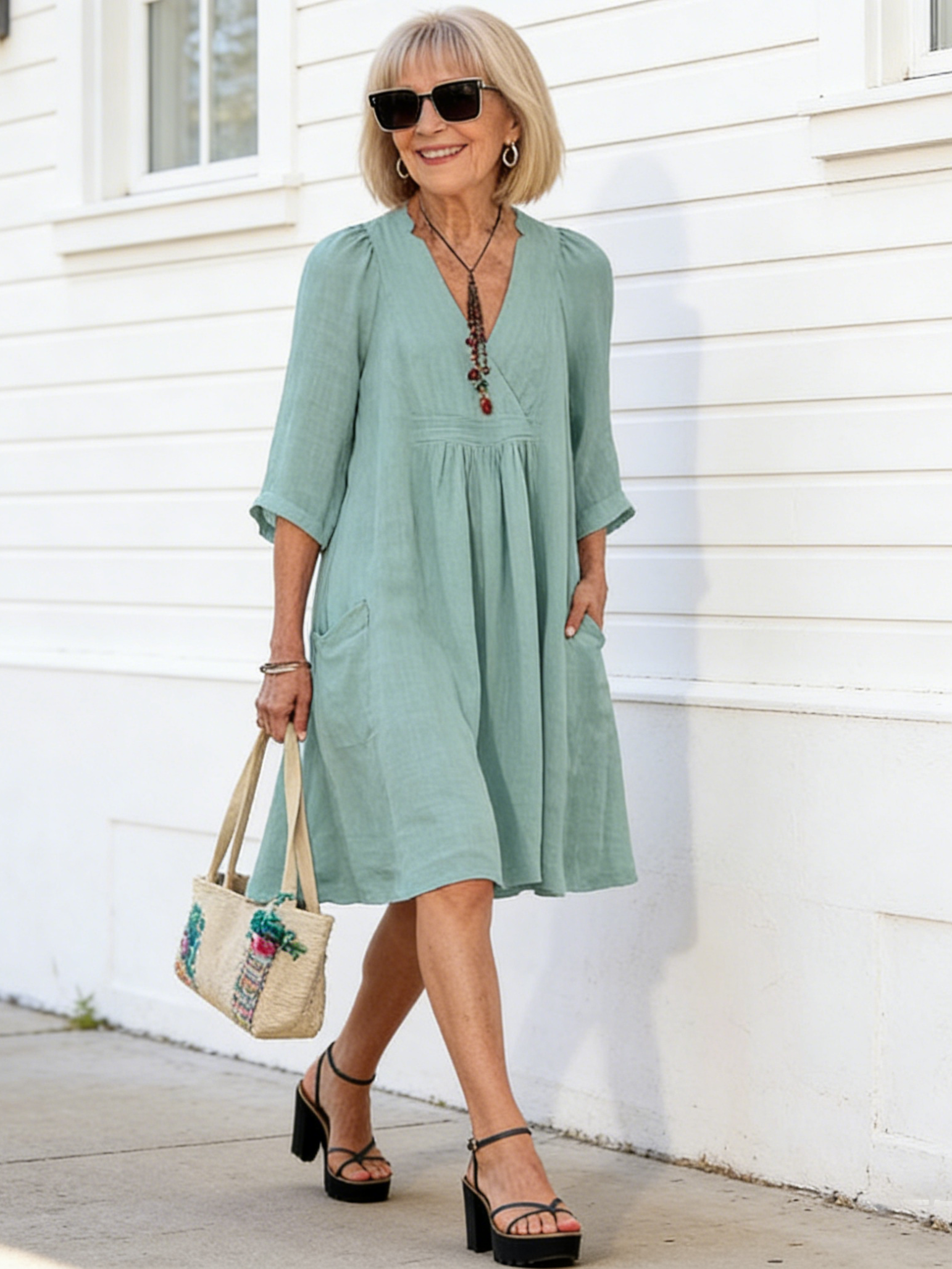 Women's Cotton and Linen Half Sleeve V-neck Loose Casual Pocket Dress