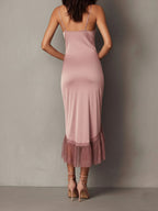 Elegant Blush Satin Lace-Trim Slip Midi Dress With Asymmetric Hem