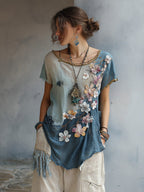 Women's Vintage Cherry Blossom Pattern Crew Neck T-shirt