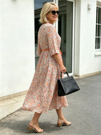 Peach Floral Chiffon Midi Dress, Round Neck 3/4 Sleeve Drawstring Waist Loose Flowy Knee-Length Dress