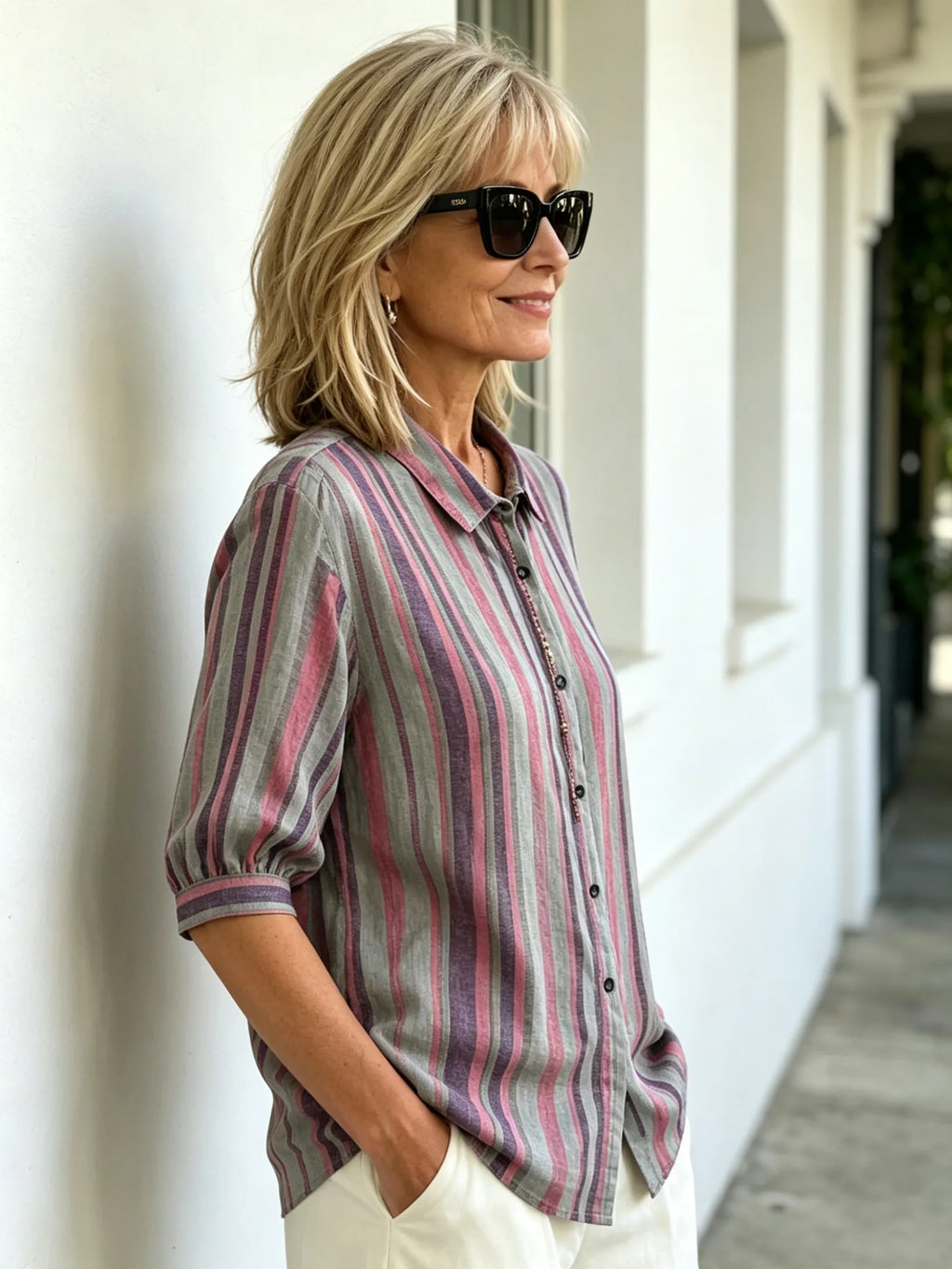 Contrasting Striped Shirt Lapel Single-breasted Medium Sleeve Top Women's Shirt