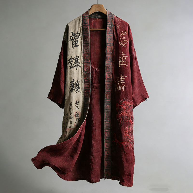 Men's Japanese Dragon Pattern Calligraphy And Painting Art Linen Long Kimono