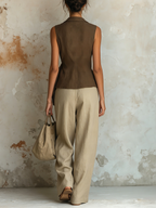 Linen-Blend Wrap Vest & High-Waist Wide-Leg Pants Set
