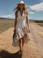 Vintage Western V-Neck Paisley Print Asymmetrical Hem White Denim Midi Dress