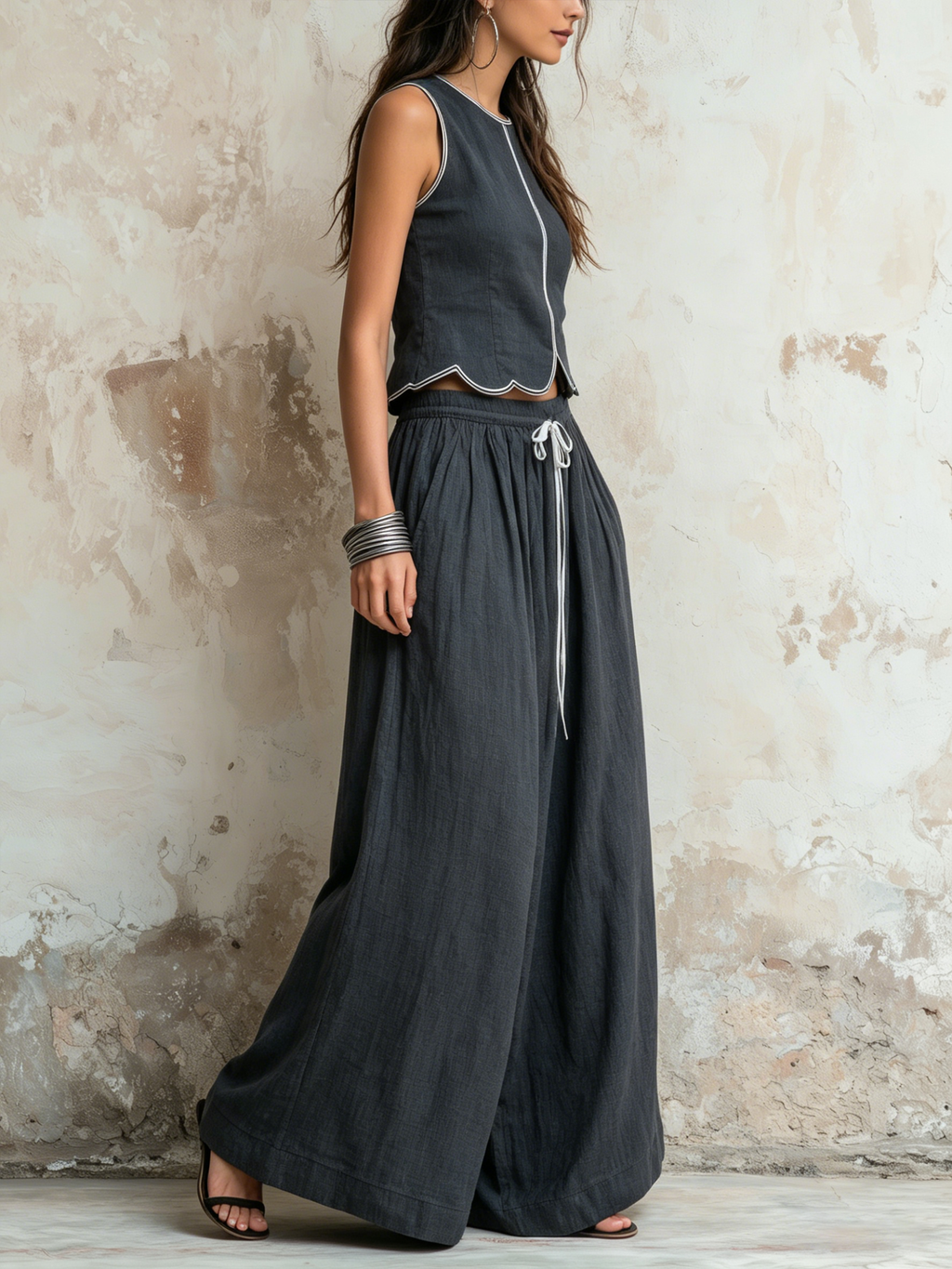 Charcoal Scallop Trim Sleeveless Top & Drawstring Wide-Leg Linen Co-ord Set