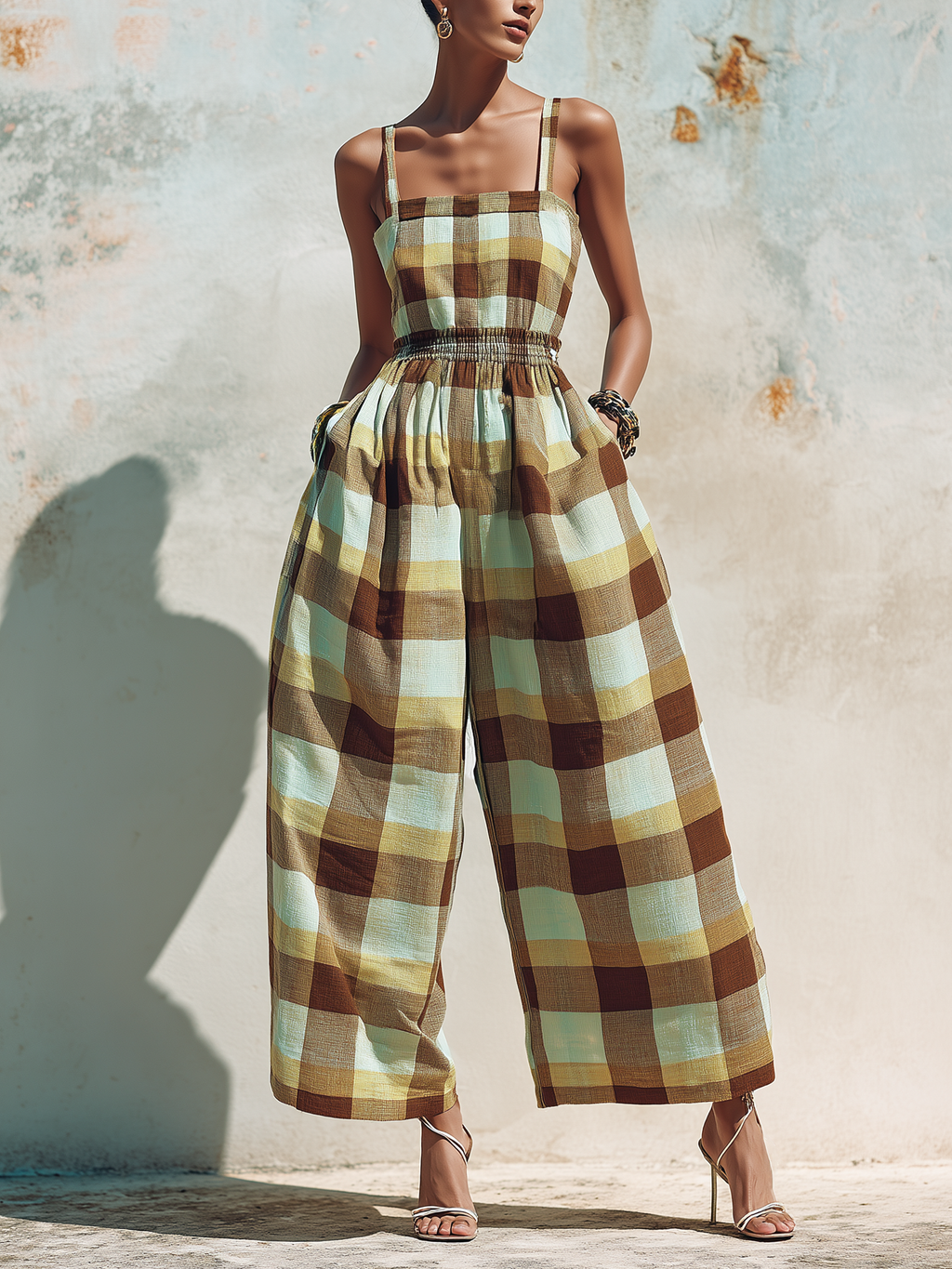 Plaid Cotton Linen Smocked Waist Wide-Leg Jumpsuit