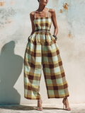 Plaid Cotton Linen Smocked Waist Wide-Leg Jumpsuit