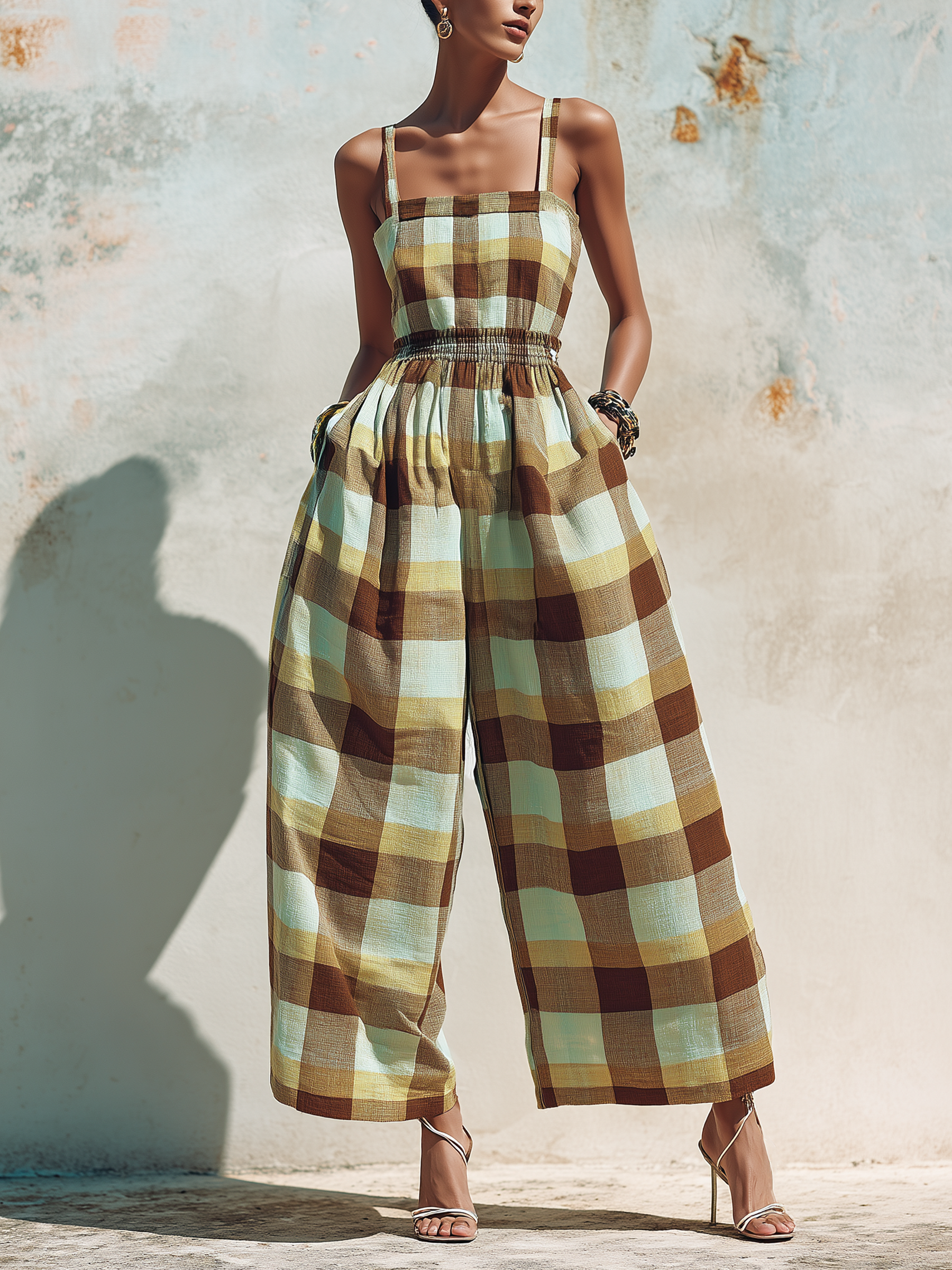 Plaid Cotton Linen Smocked Waist Wide-Leg Jumpsuit