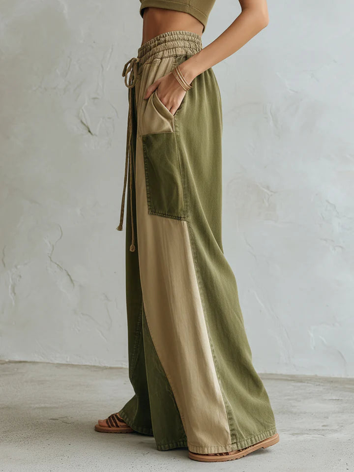 Vintage Color-Block Denim Wide-Leg Pants