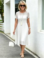 White Lace Pleated Midi Dress, Ruffle Short Sleeve Round Neck Spliced Elegant Dress for Mature Women