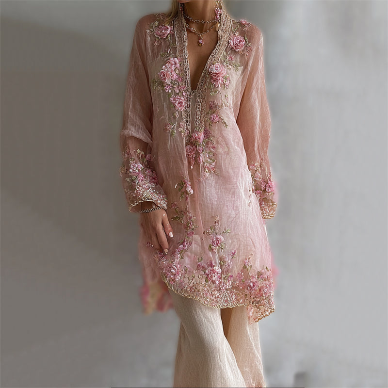 Classy Pink Floral Glitter Embroidered Flowy Linen Long Tunic