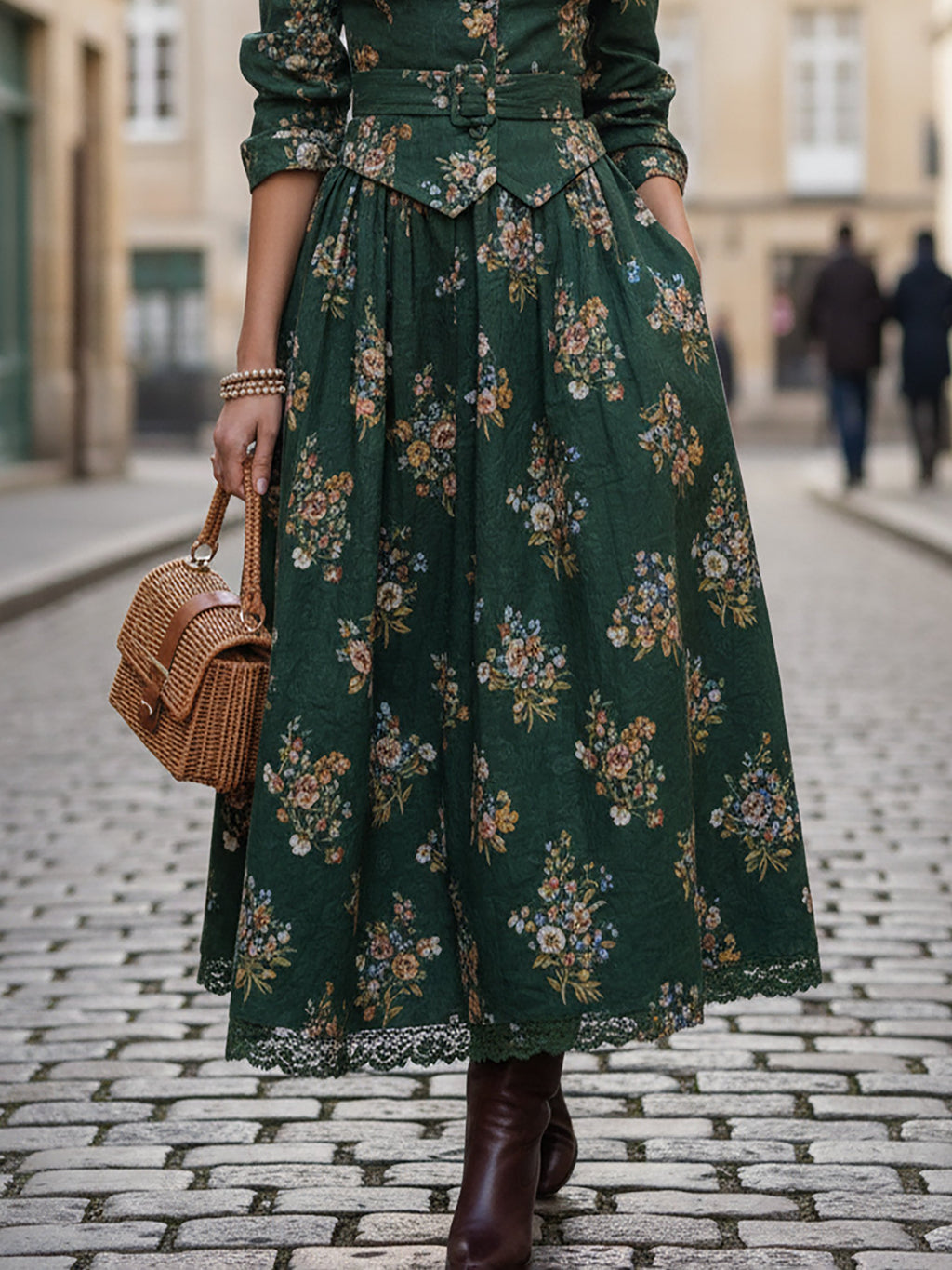 Maxi Linen Skirt, Floral, Pocket Design, Vintage, Green