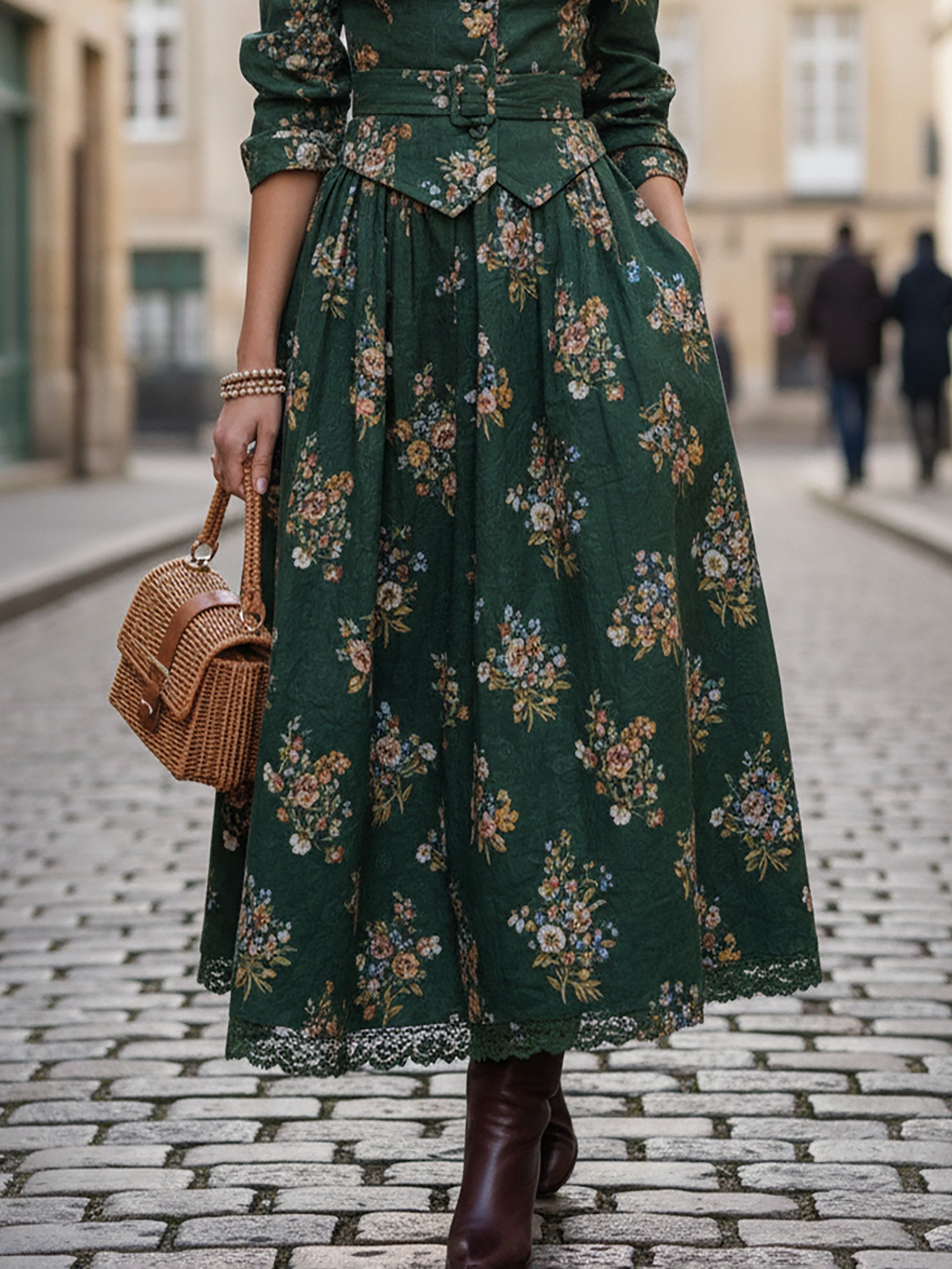 Linen Shirt, Long Sleeves, Shawl Collar, Floral, Button Design, Vintage, Green