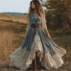 Vintage Lace & Denim Patchwork Wide Skirted Maxi Dress