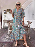 Vacation DRESS Paisley Bohemian Long Length Vintage Print Tassel Tie Neck Tunic Dress - Elegant Vacation Style with Drawstring, Ruffle Hem, and Random Printing
