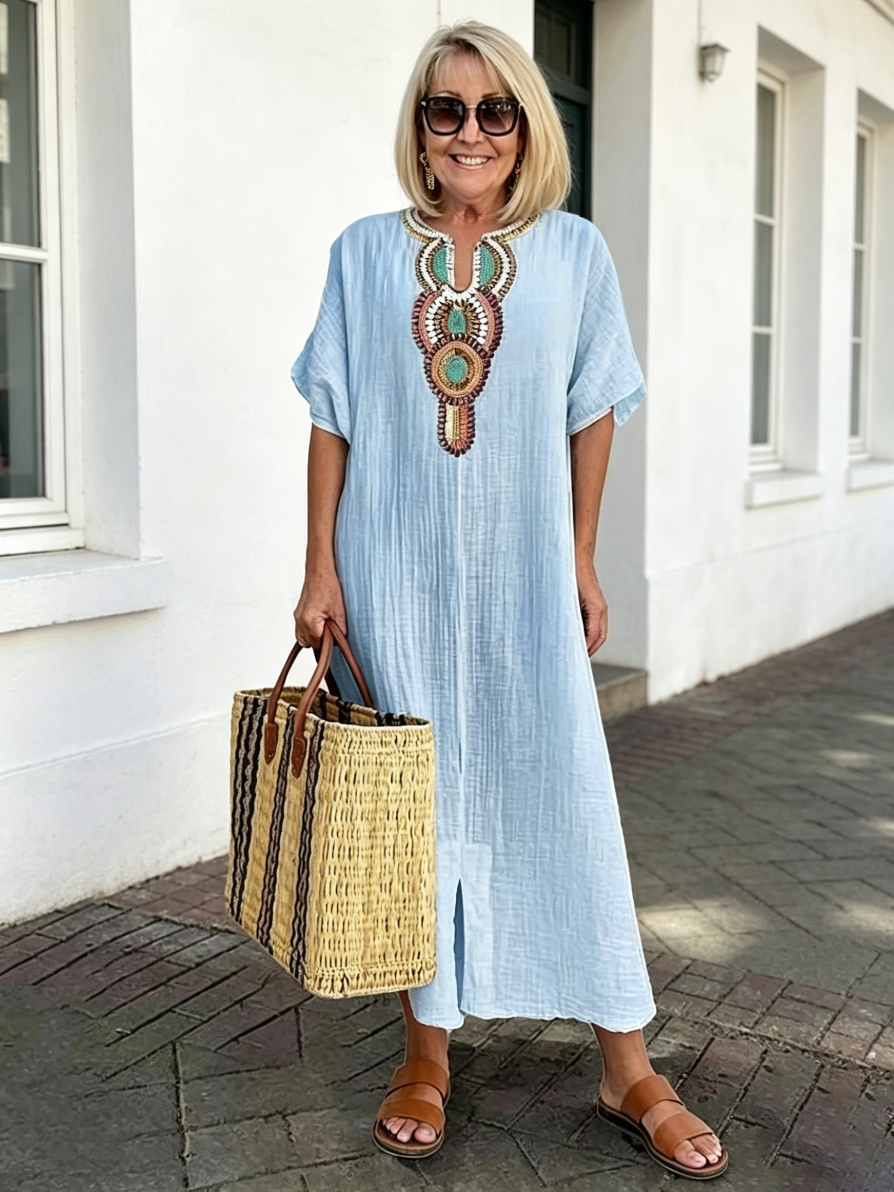 Cotton and Linen Embroidered Split Dress