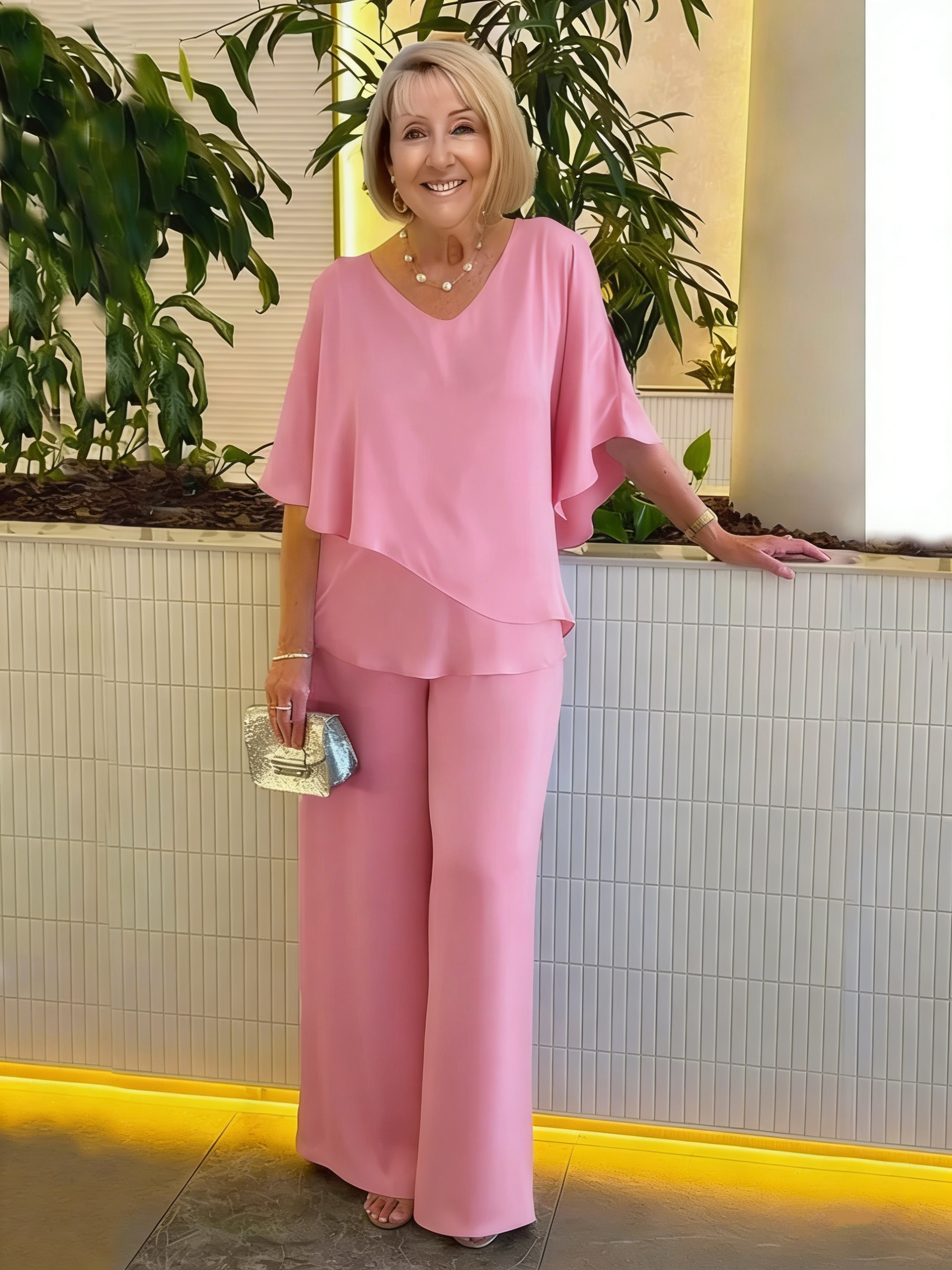 2Pcs Gray Double Layer Tunic Pantsuit