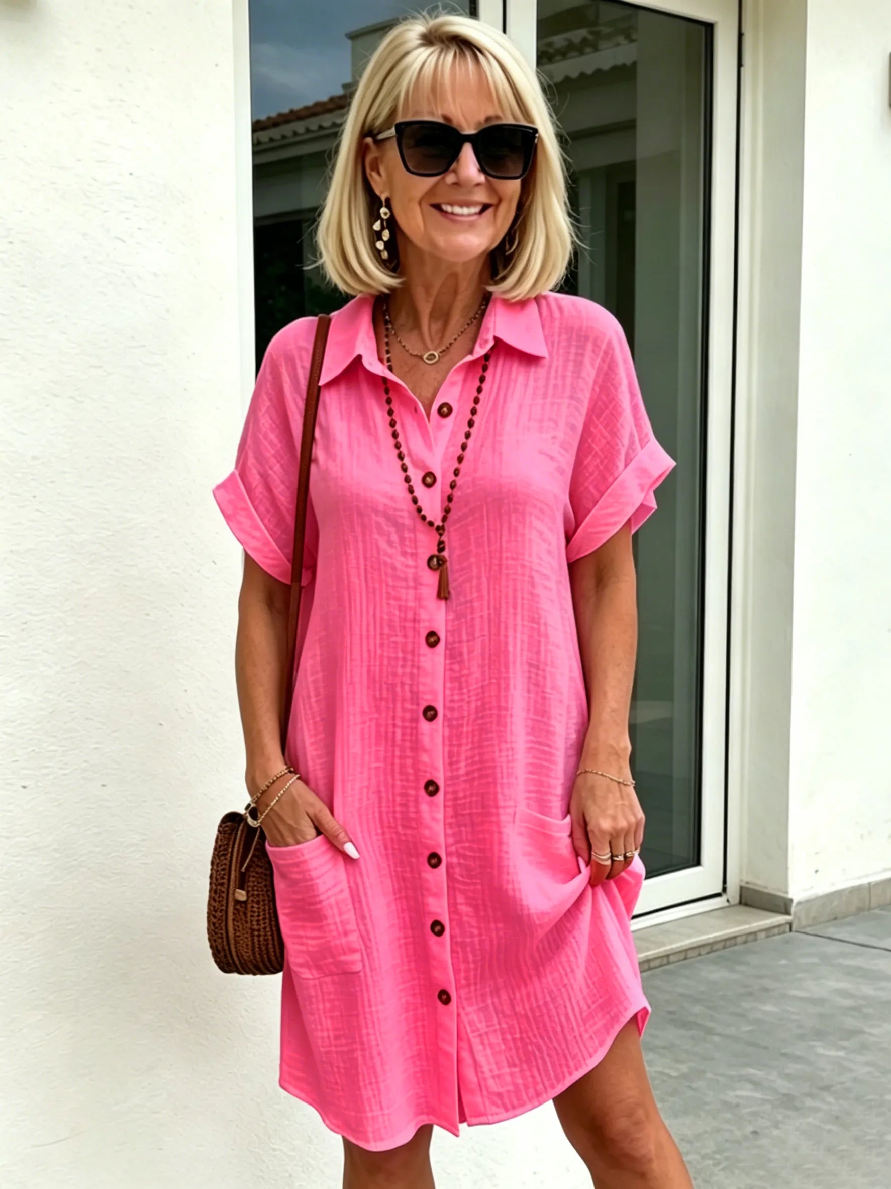 Solid Color Shirt Dress Simple, Made of Breathable, Featuring a Lapel Collar and Orderly Button Arrangement That Adds a Vintage Charm