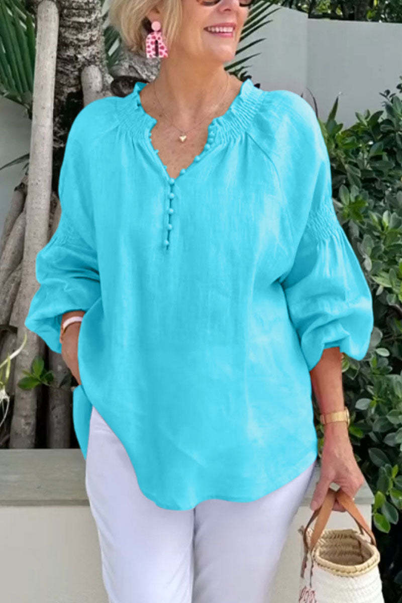 Casual V-neck Solid Color Cotton and Linen Long-sleeved Top