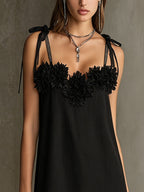 Black Floral Appliqué Mini Dress With Fringe Hem