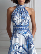 Blue & White Baroque Print Halter Neck Midi Dress