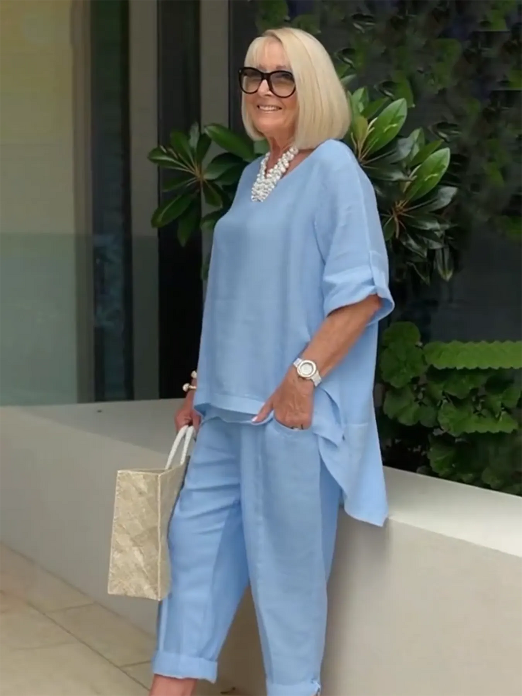 Double-layered Solid Color Cotton and Linen Two-piece Loose Casual Soft Shirt Pants