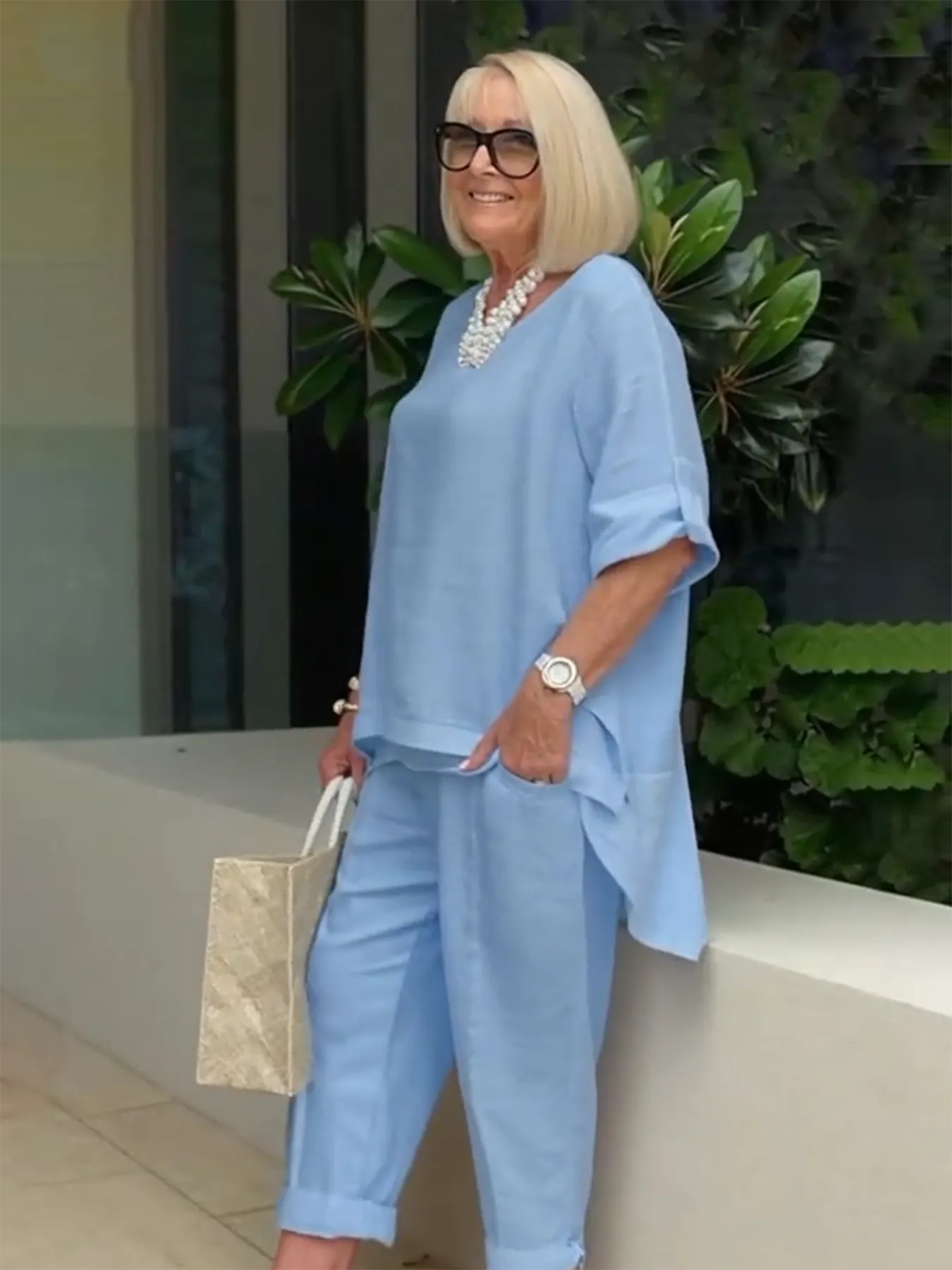 Double-layered Solid Color Cotton and Linen Two-piece Loose Casual Soft Shirt Pants
