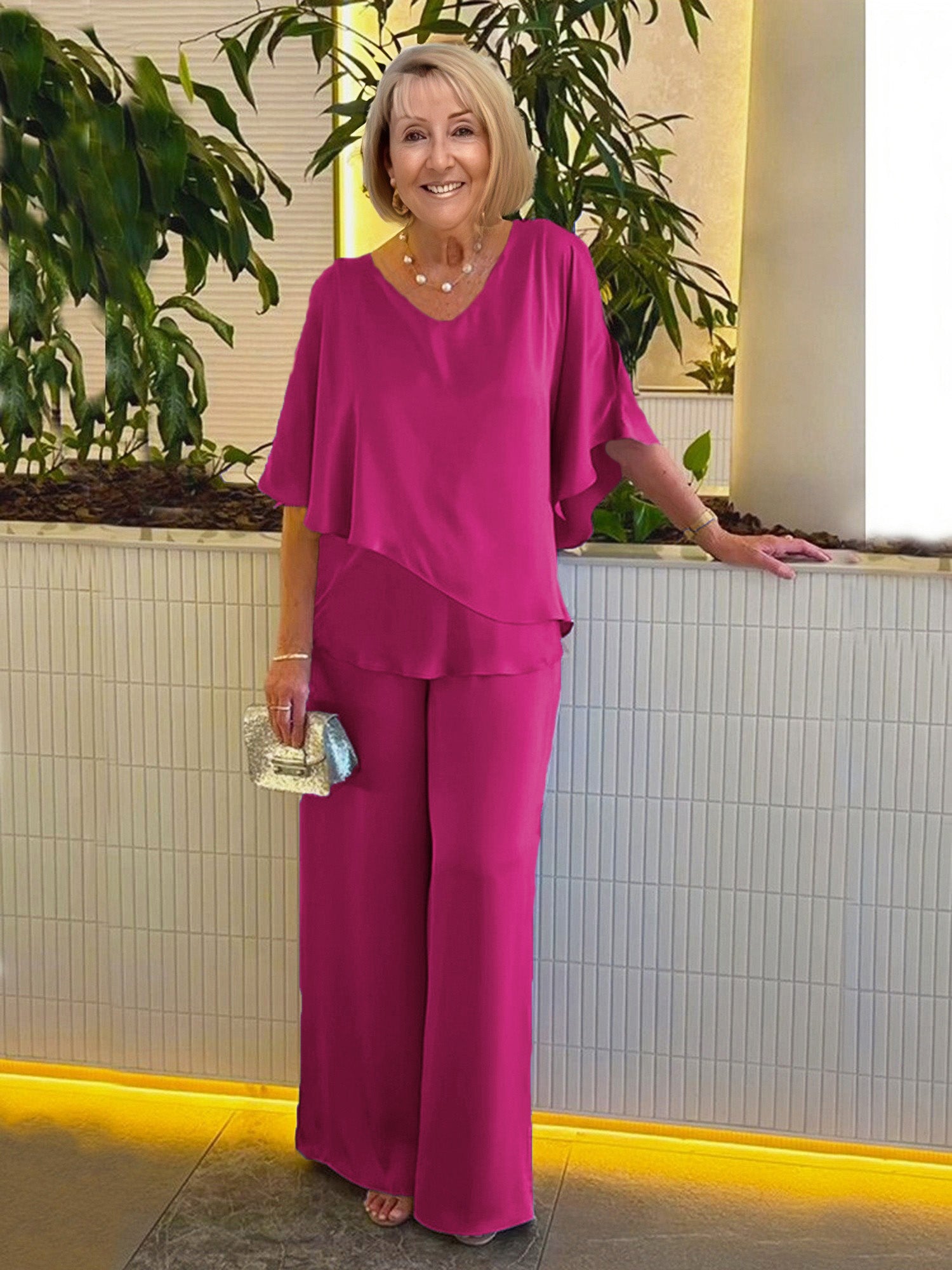 2Pcs Gray Double Layer Tunic Pantsuit