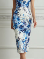 Elegant Blue Watercolor Floral Print Midi Dress