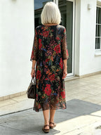 Black Floral Chiffon Midi Dress, Loose Tummy Hiding 3/4 Sleeve Printed Dress for Mature Women