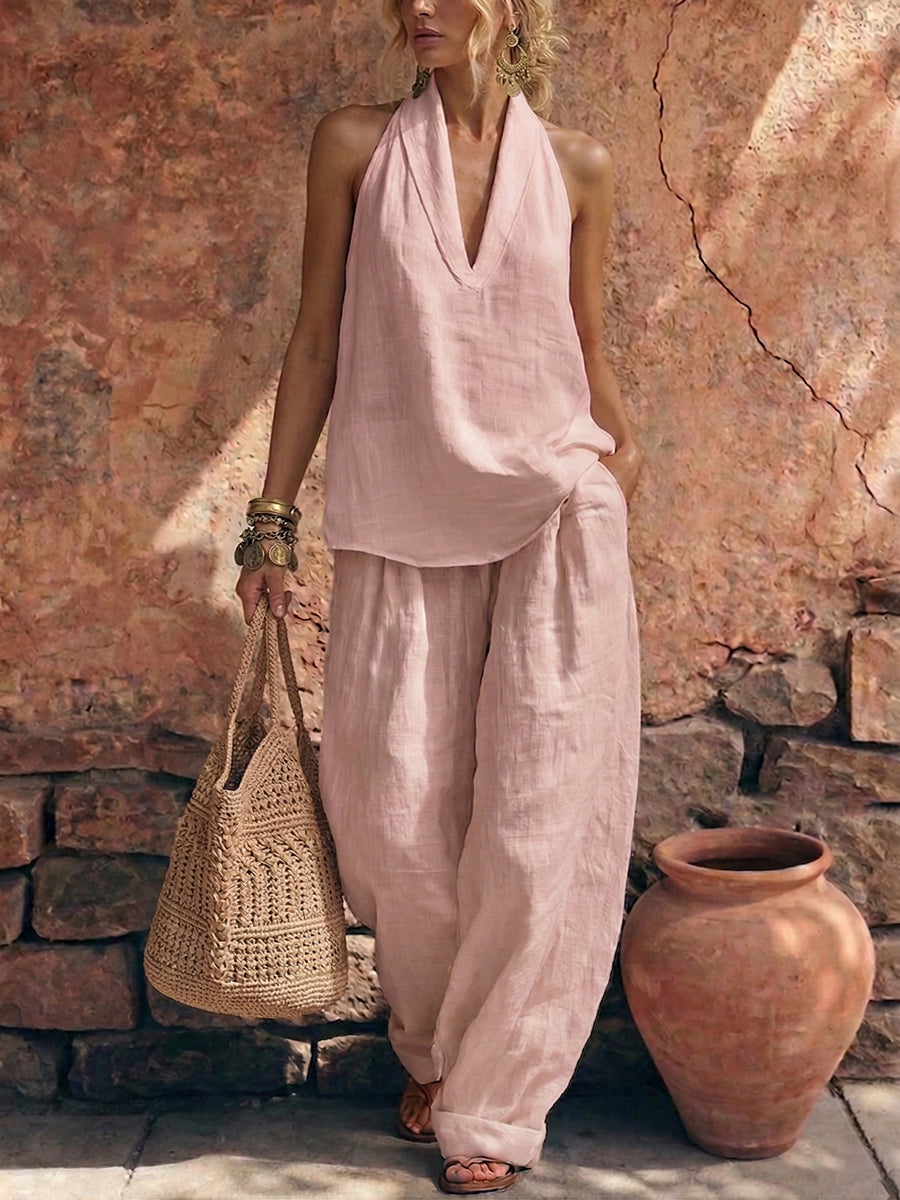 Cozy Minimalist Loose-fit Cotton-linen Two-piece Set