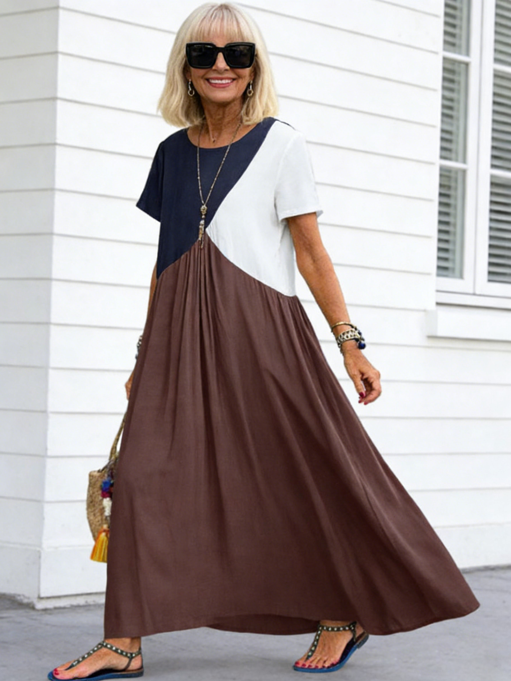 Splicing Short Sleeve Dress Long Dress