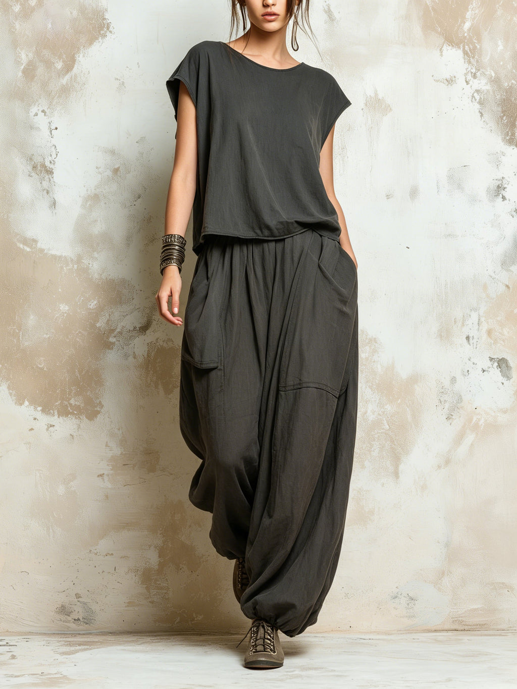 Dark Grey Oversized Linen Blend Harem Pants & Cap Sleeve Top Set