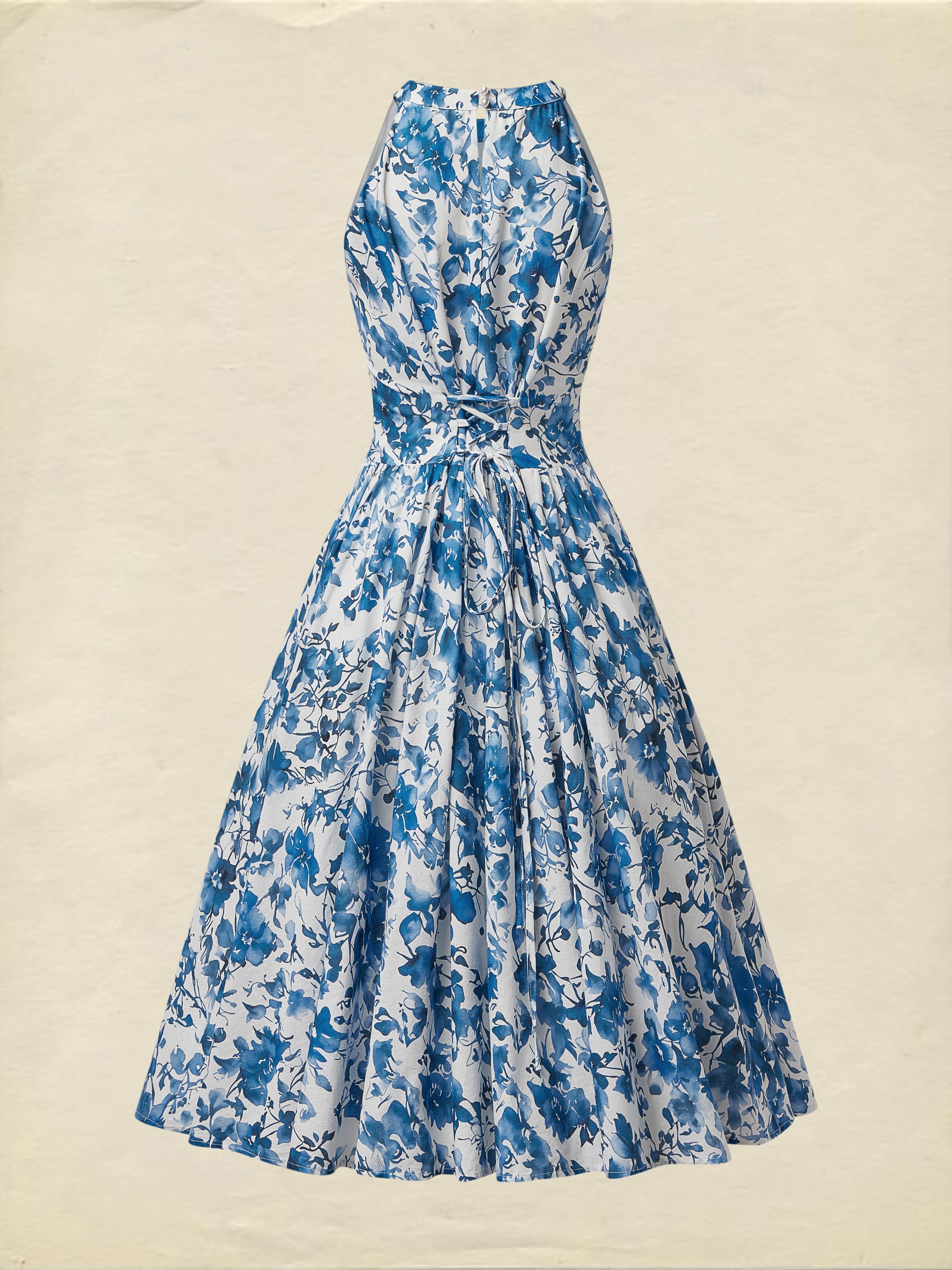 Midi Linen Dress , Sleeveless, Round Neck, Floral, Vacation, Vintage, Blue