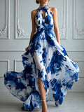 Elegant Blue And White Ink-Style Flowy Chiffon Dress