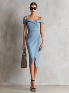 Fashionable Retro Sleeveless Off-shoulder Slit Light Blue Denim Midi Dress