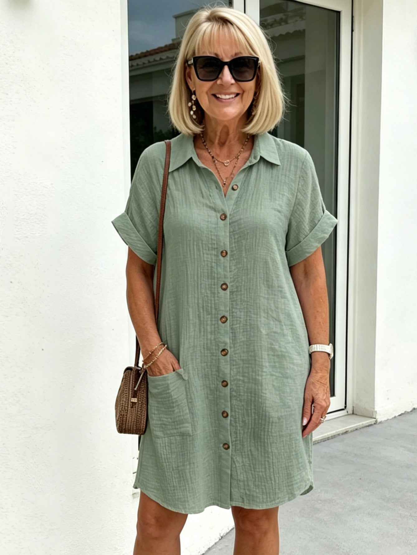 Solid Color Shirt Dress Simple, Made of Breathable, Featuring a Lapel Collar and Orderly Button Arrangement That Adds a Vintage Charm