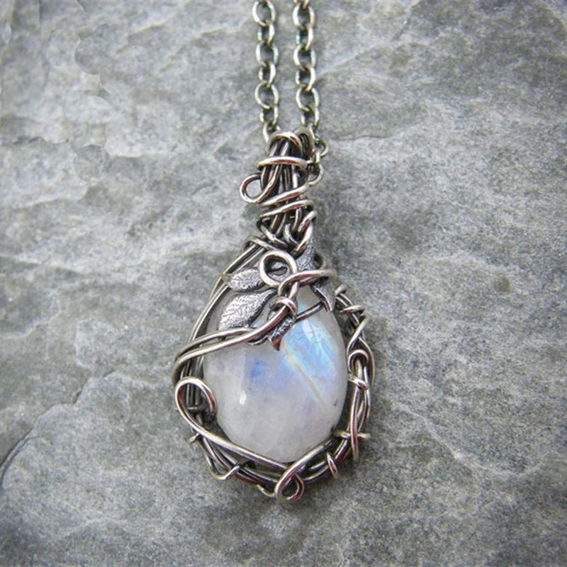 Moonstone Necklace Pendant Boho Leaf Rattan